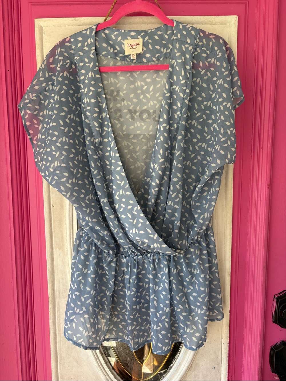Hayden Powder Blue Leaf-Print Surplice Peplum Blouse